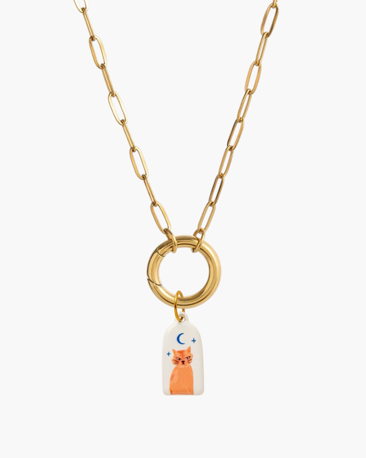 Gold chain necklace with cat charm and moon design, minimalist handmade jewelry