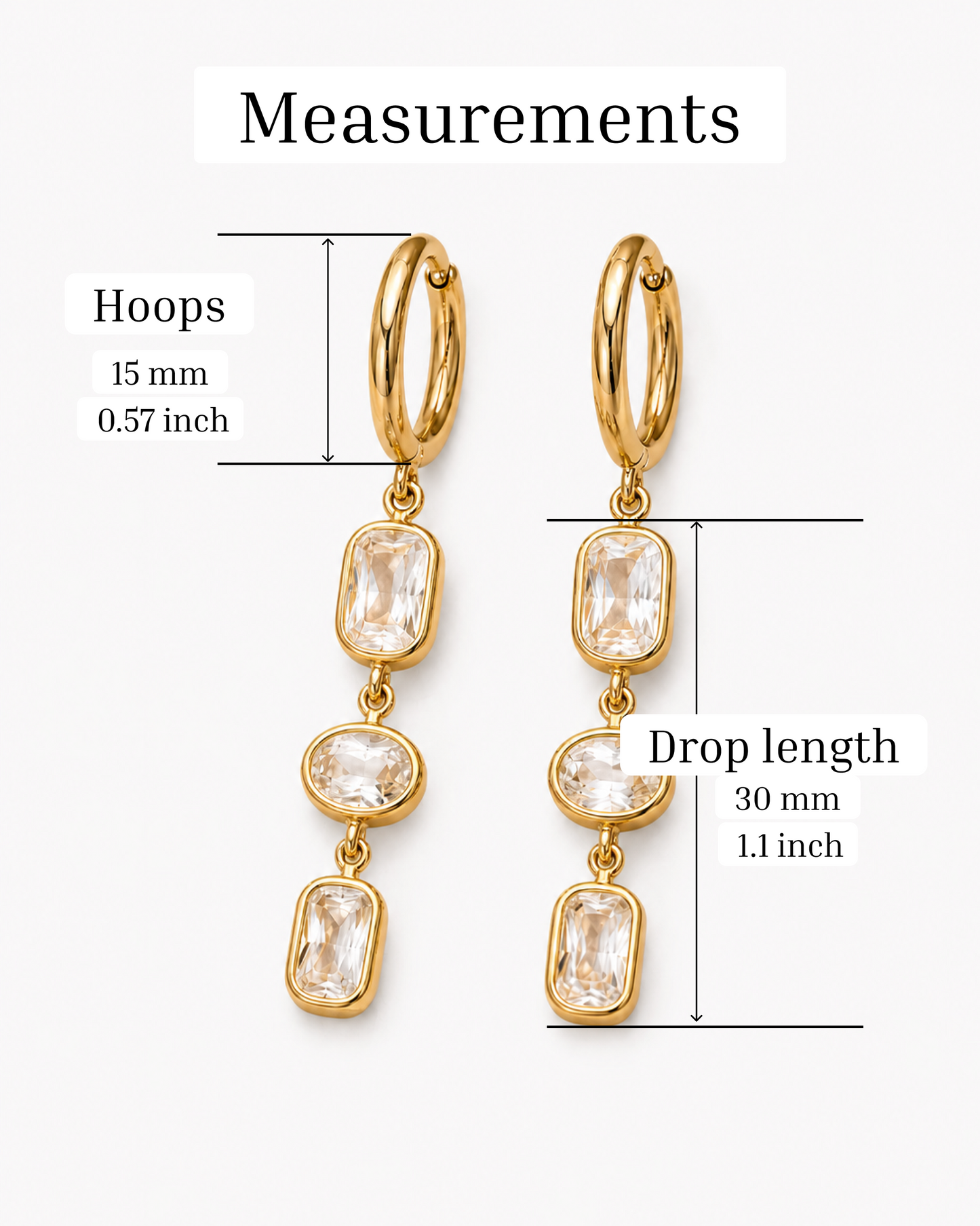 18K Gold Plated Stainless Steel Crystal Drop Earrings – Elegant Triple Stone Hoops