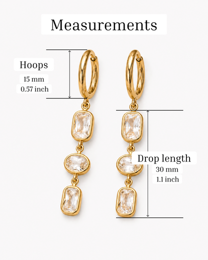 18K Gold Plated Stainless Steel Crystal Drop Earrings – Elegant Triple Stone Hoops