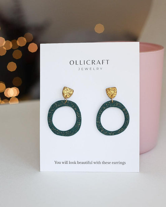 Emerald green earrings with gold sparkles, Handmade jewelry gift - Ollijewelry