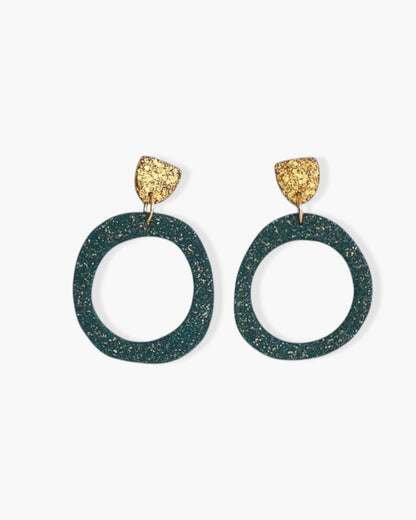 Emerald green earrings with gold sparkles, Handmade jewelry gift