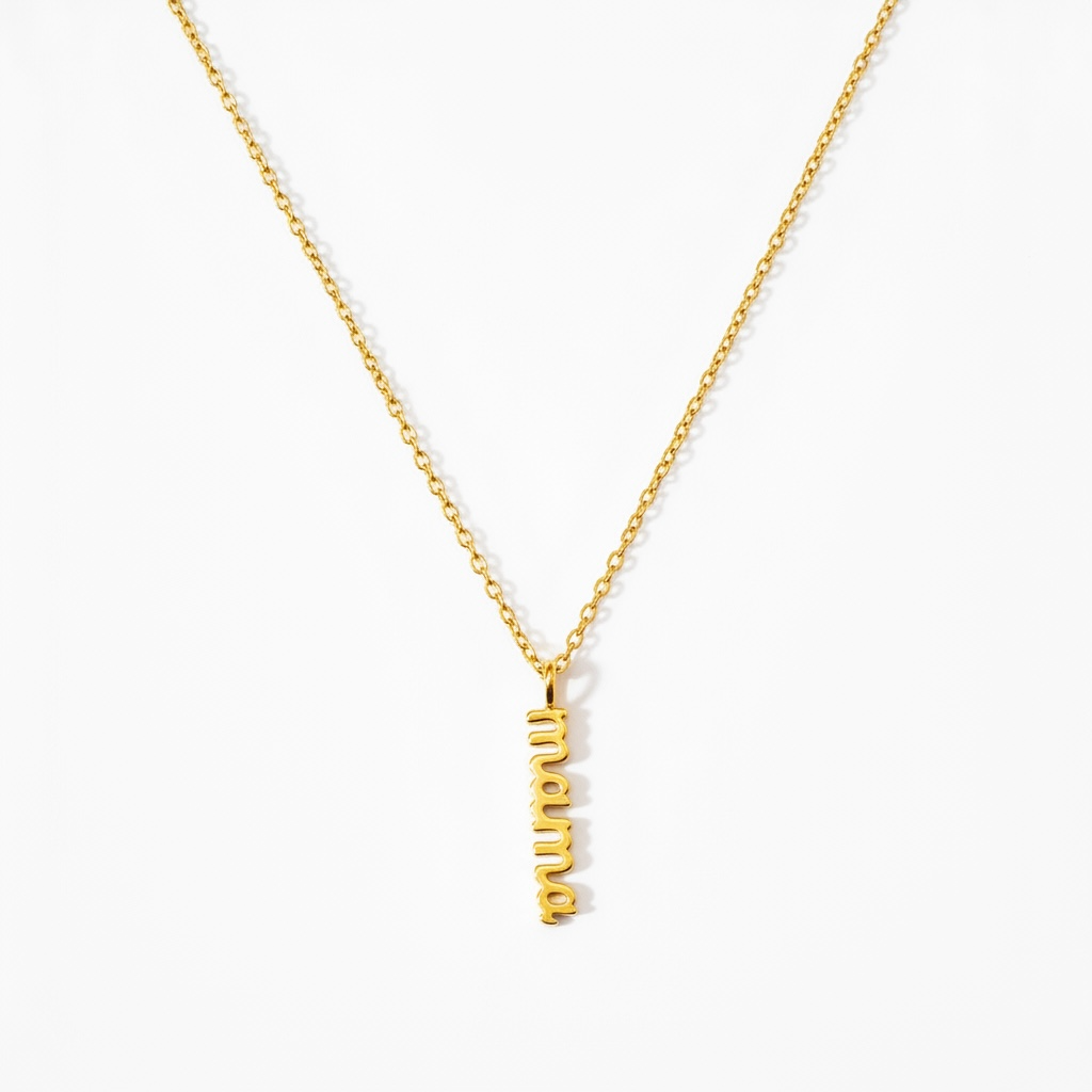 Gold minimalist necklace with vertical 'mama' pendant on white background