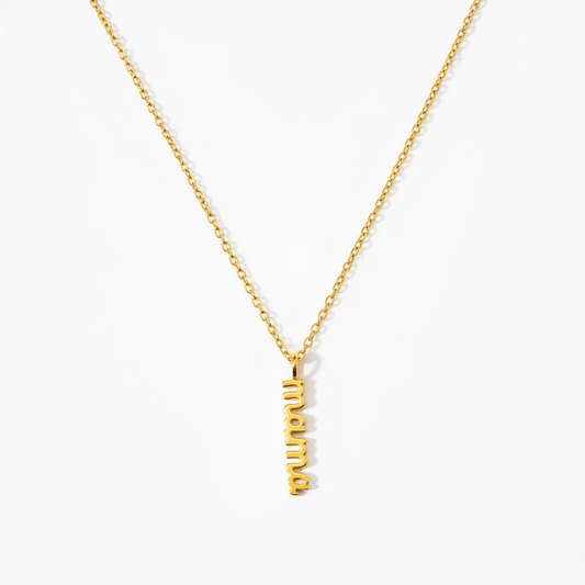 Gold minimalist necklace with vertical 'mama' pendant on white background