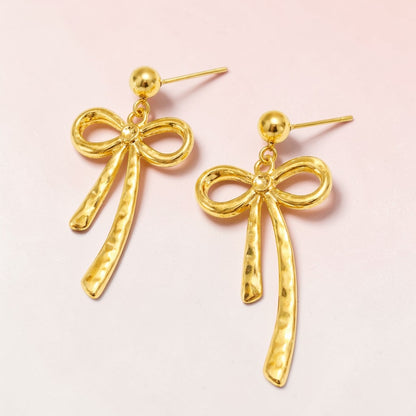 Gold Bow Drop Stud Earrings – Stainless Steel