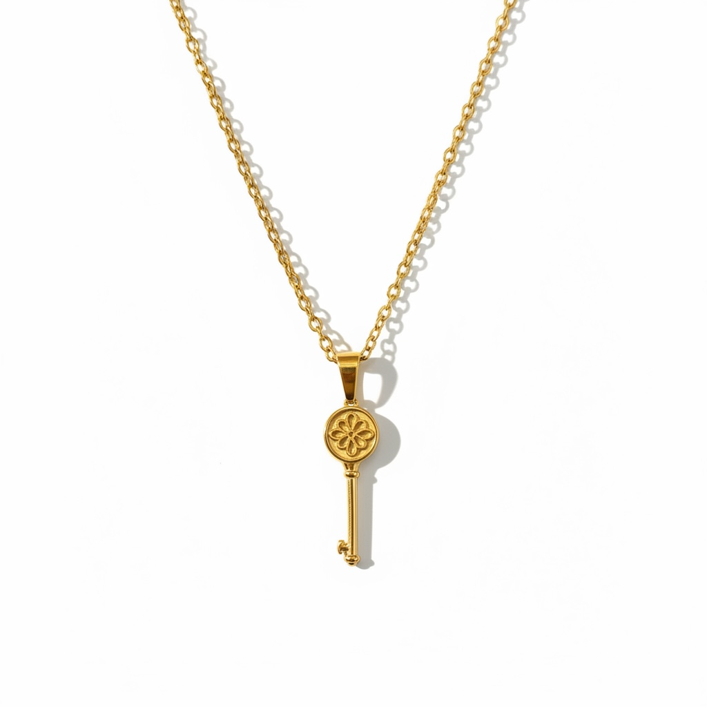 Gold key pendant necklace with flower detail on a minimalist chain, handmade jewelry