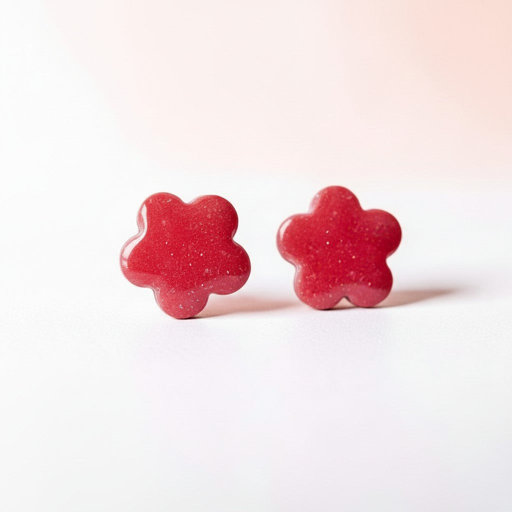 Red flower stud earrings
