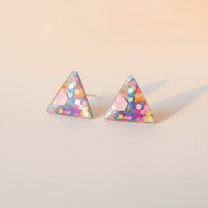 Confetti tiny triangle stud earrings for sensitive ears