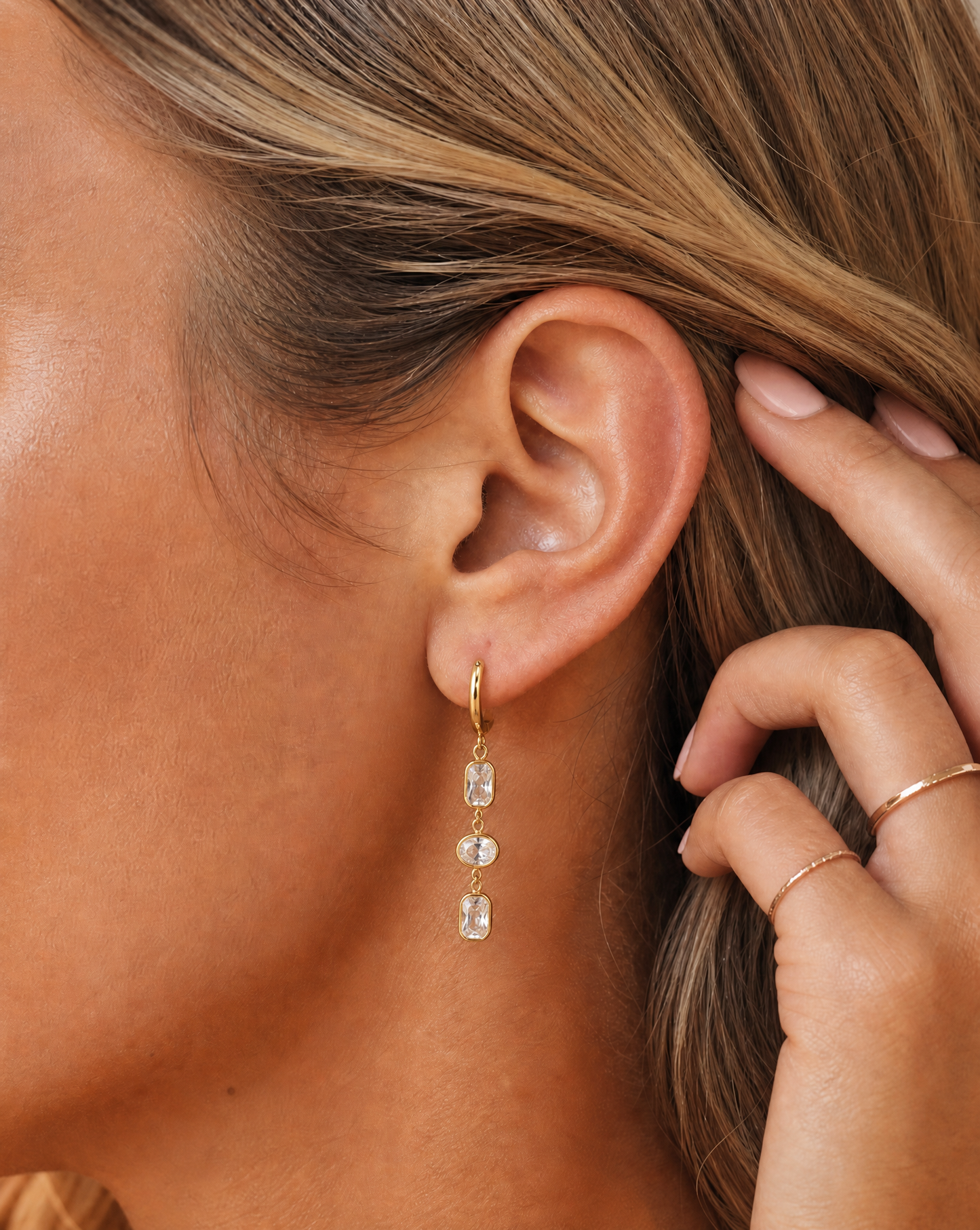 18K Gold Plated Stainless Steel Crystal Drop Earrings – Elegant Triple Stone Hoops