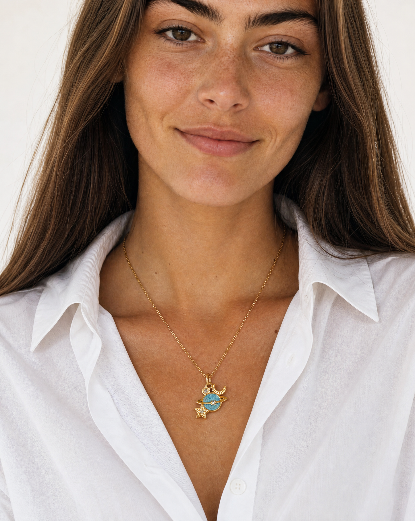 Celestial Planet Necklace – Glittery Blue Moon & Star Pendant