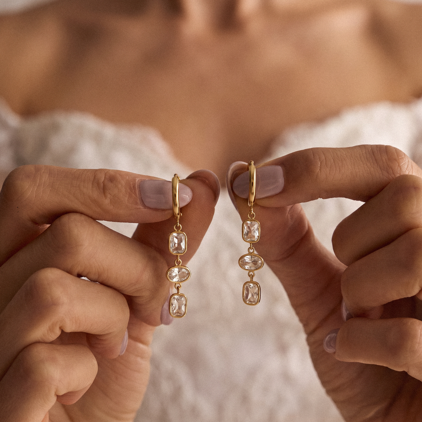 18K Gold Plated Stainless Steel Crystal Drop Earrings – Elegant Triple Stone Hoops