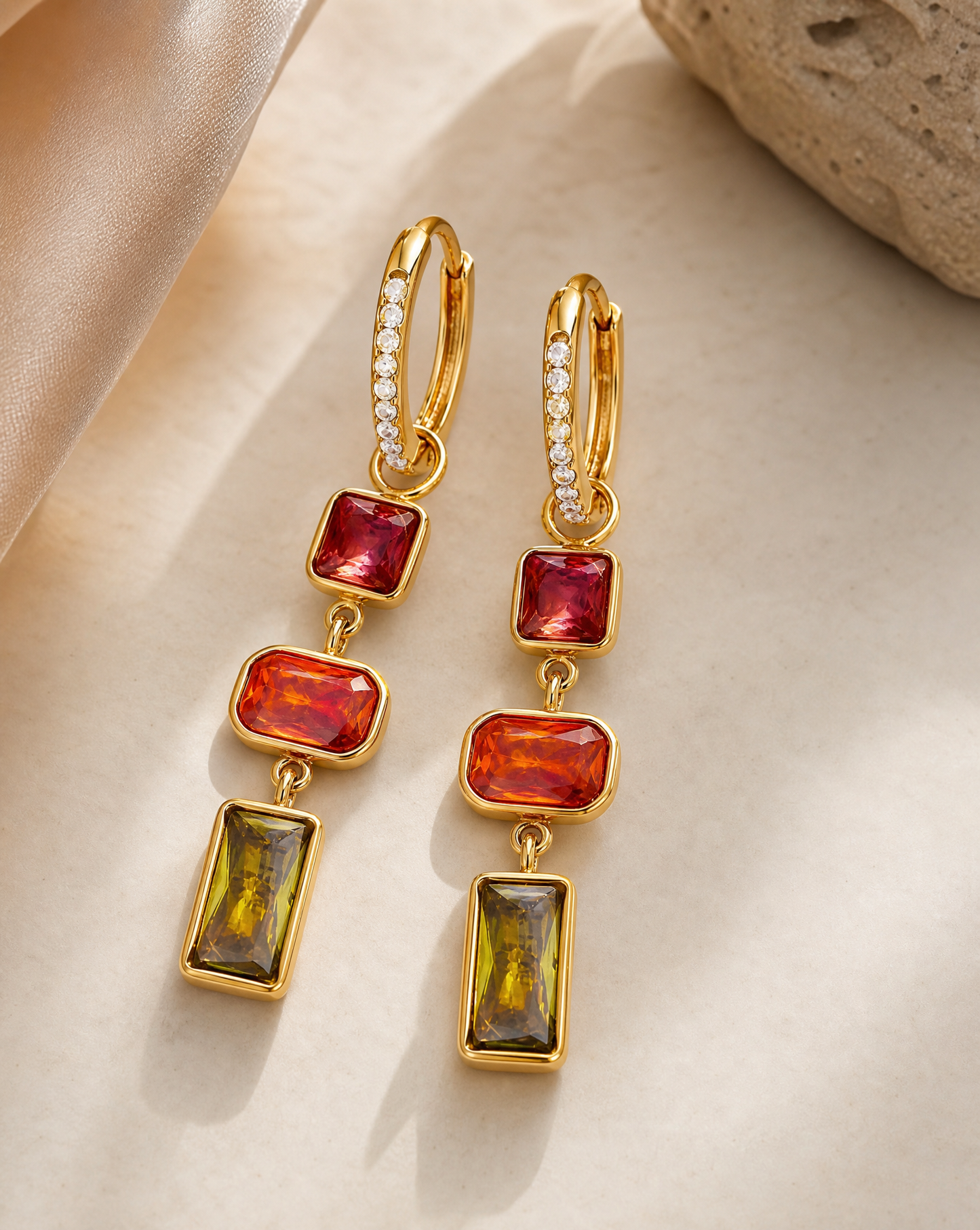 18K Gold Plated Stainless Steel Colorful Stone Drop Earrings – Statement Hoop Earrings