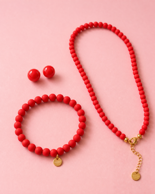 Red Beaded Jewelry Set - Polymer Clay Necklace, Bracelet & Earrings
