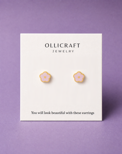 Pink flower flat back studs - Stainless Steel Earrings
