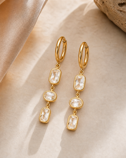 18K Gold Plated Stainless Steel Crystal Drop Earrings – Elegant Triple Stone Hoops