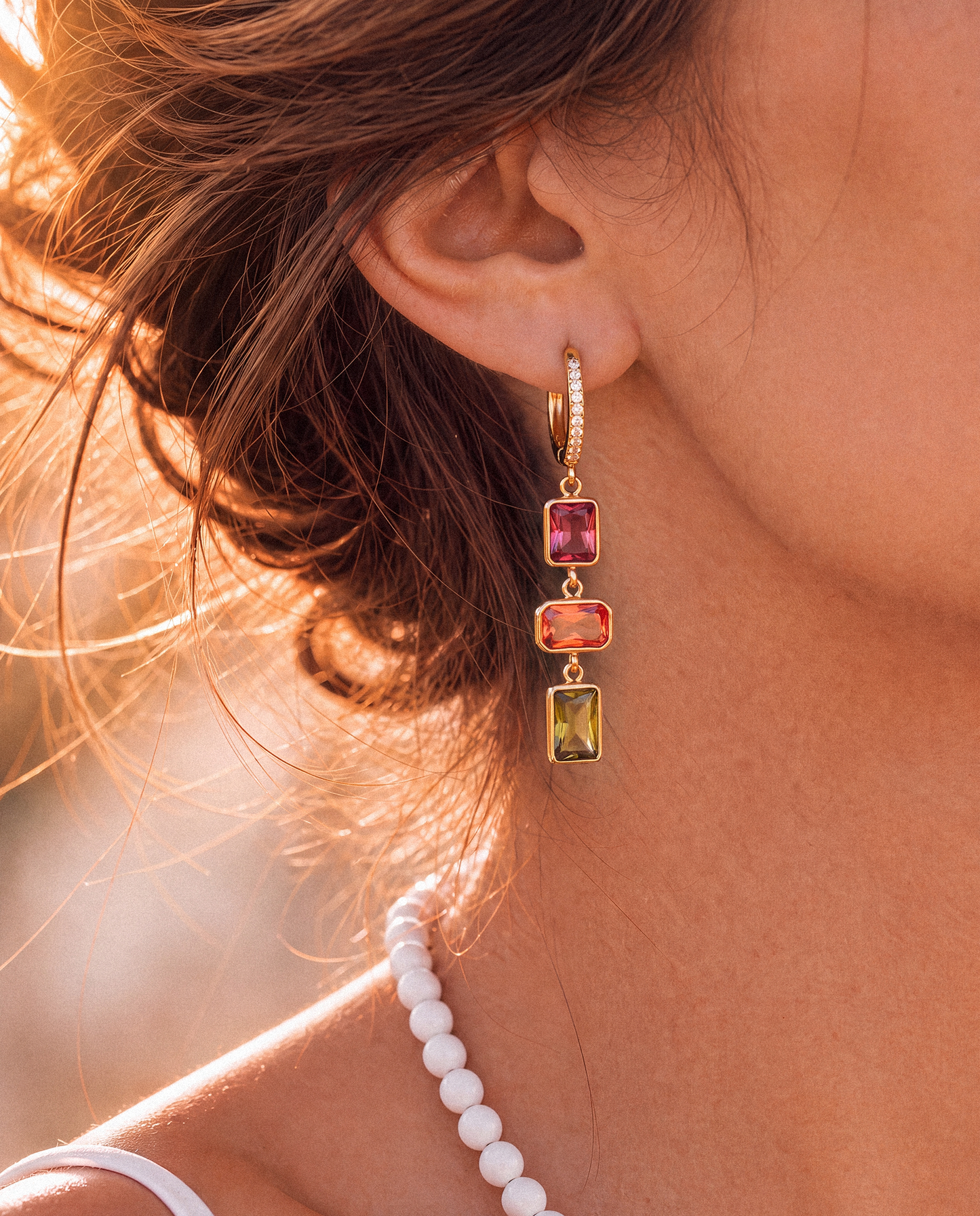 18K Gold Plated Stainless Steel Colorful Stone Drop Earrings – Statement Hoop Earrings