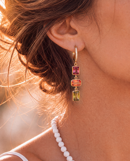 18K Gold Plated Stainless Steel Colorful Stone Drop Earrings – Statement Hoop Earrings