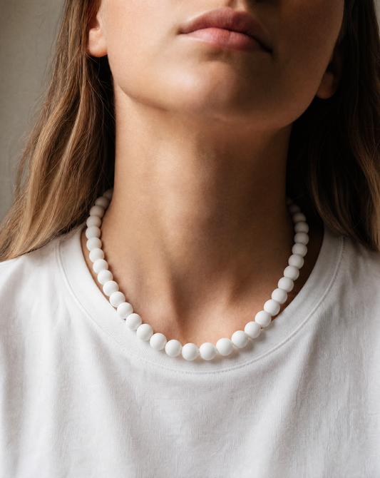White Beaded Necklace - Handmade Polymer Clay Statement Jewelry