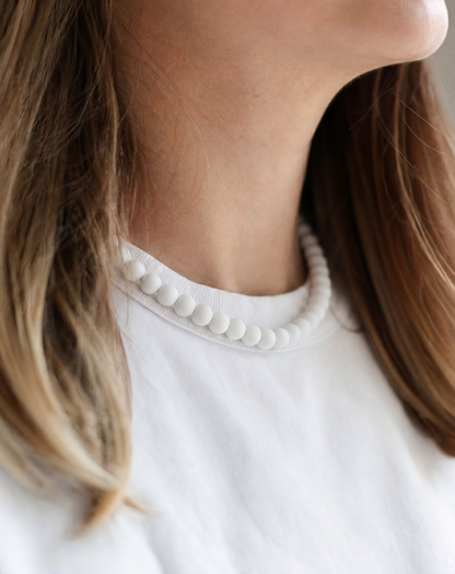 White Beaded Necklace - Handmade Polymer Clay Statement Jewelry