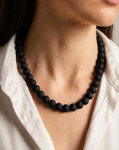 Black Beaded Necklace - Handmade Polymer Clay Statement Jewelry