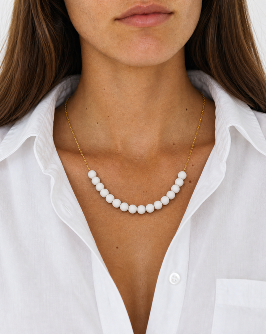 White Beaded Statement Necklace - Handmade Polymer Clay Beads