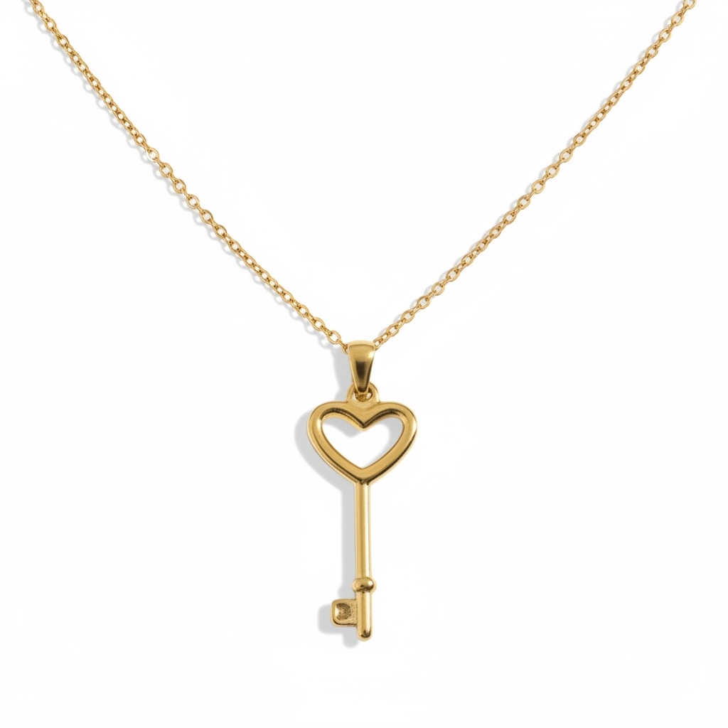 Gold key-shaped pendant necklace on a white background