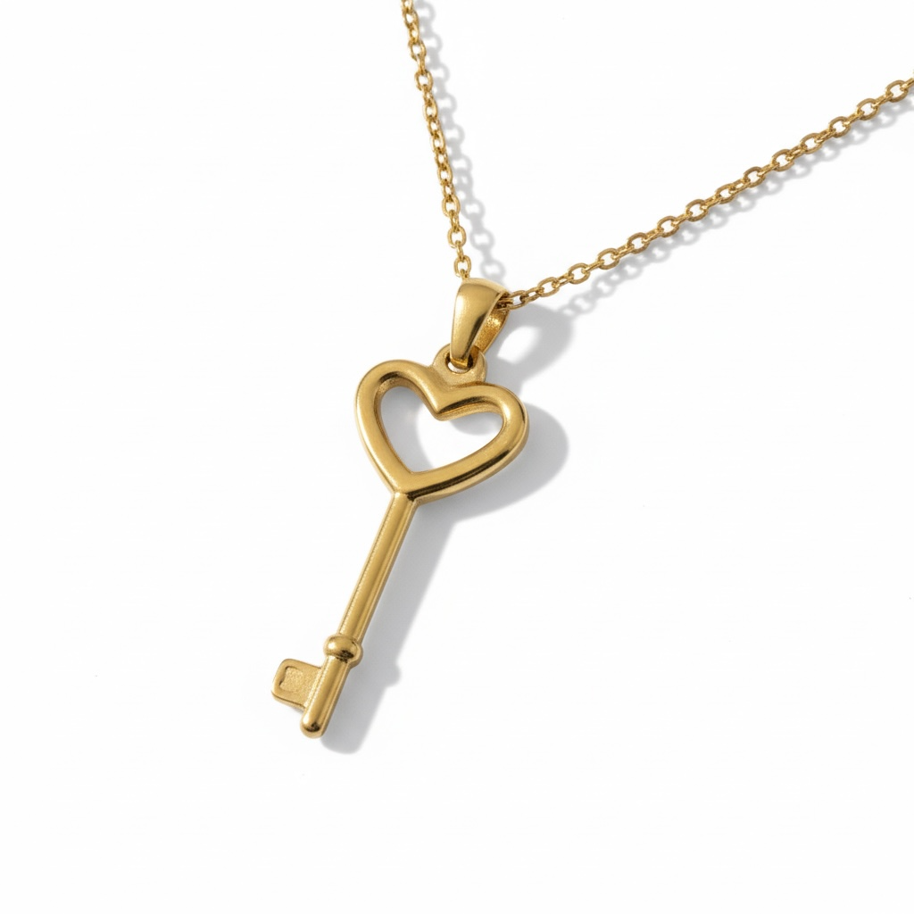 Gold key-shaped pendant on a chain against a white background
