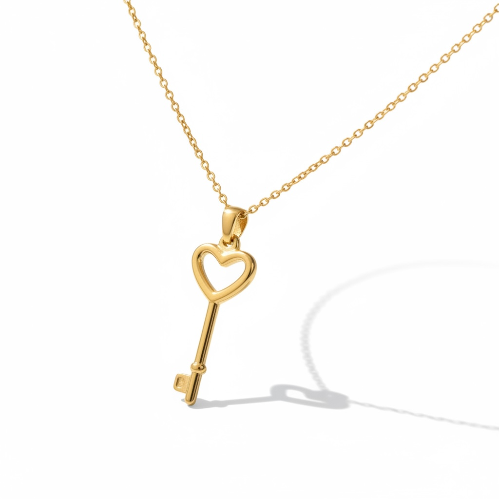 Gold key-shaped pendant necklace on a white background