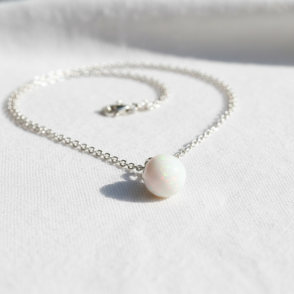 Minimalist silver chain necklace with a single opal bead on white fabric background