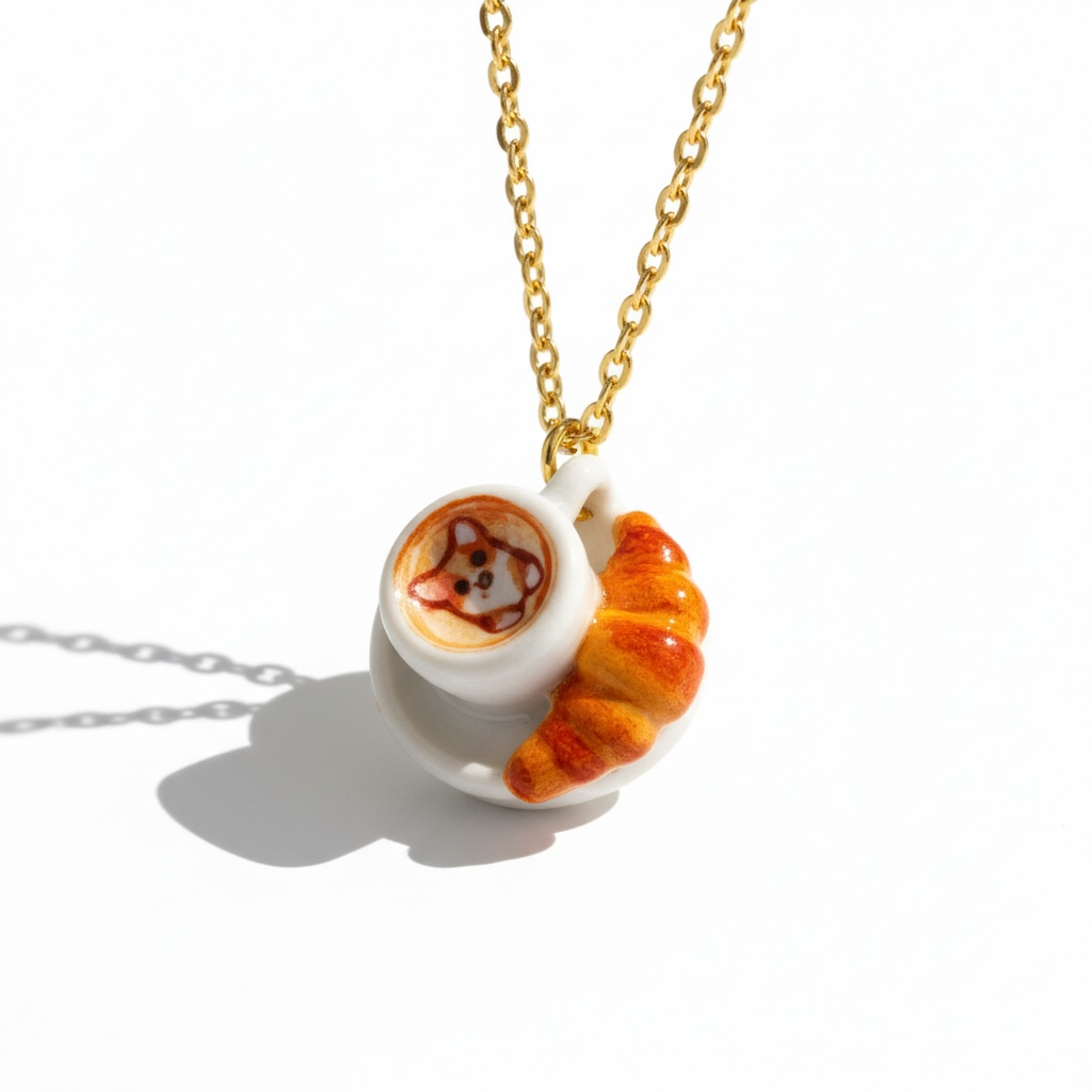Gold chain necklace with coffee cup and croissant charm, handmade jewelry on white background