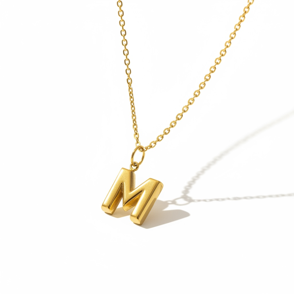 Gold letter M pendant necklace on a minimalist chain, handmade jewelry on white background