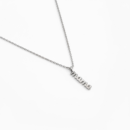 Minimalist silver necklace with 'mama' pendant on white background
