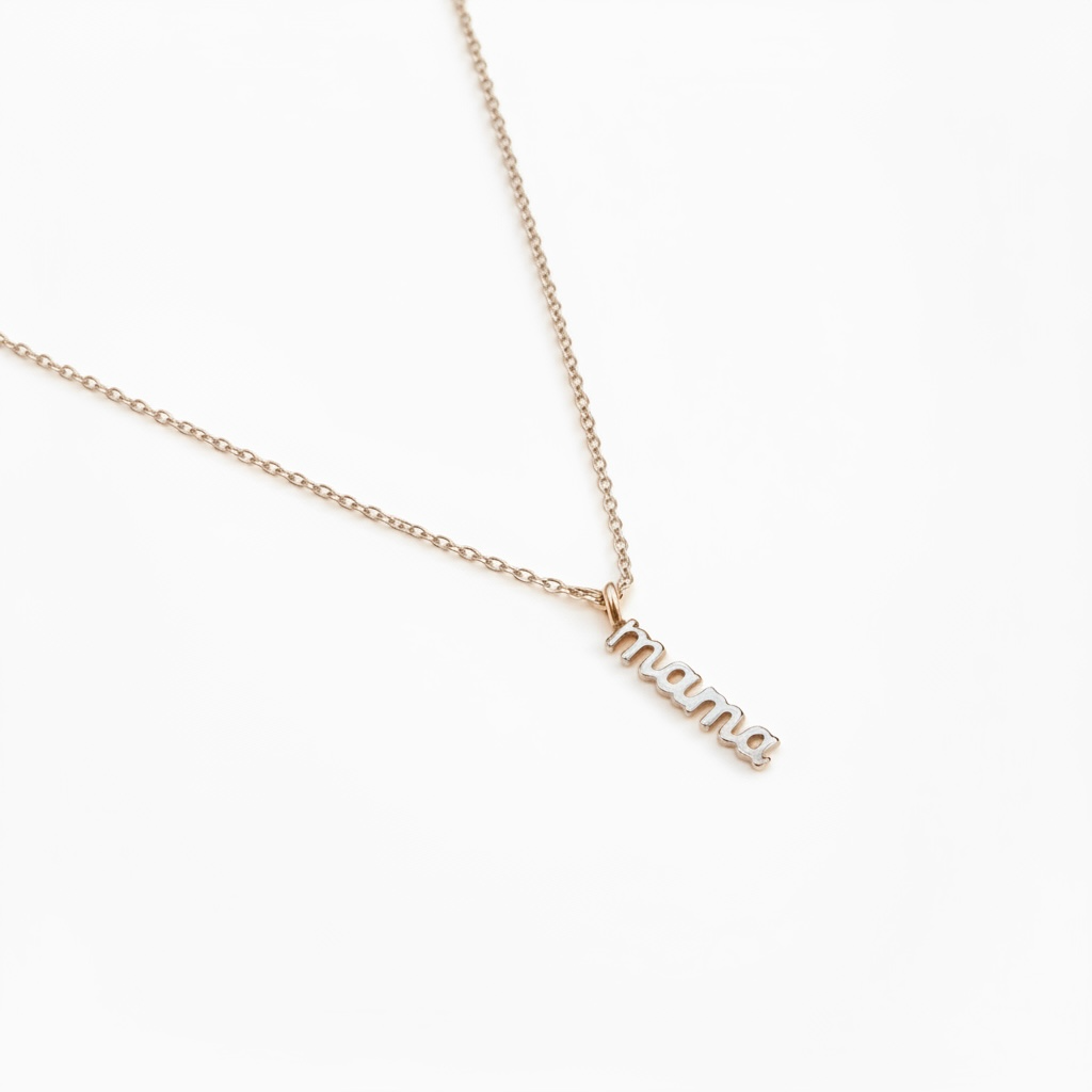 Gold minimalist mama necklace with delicate chain on white background