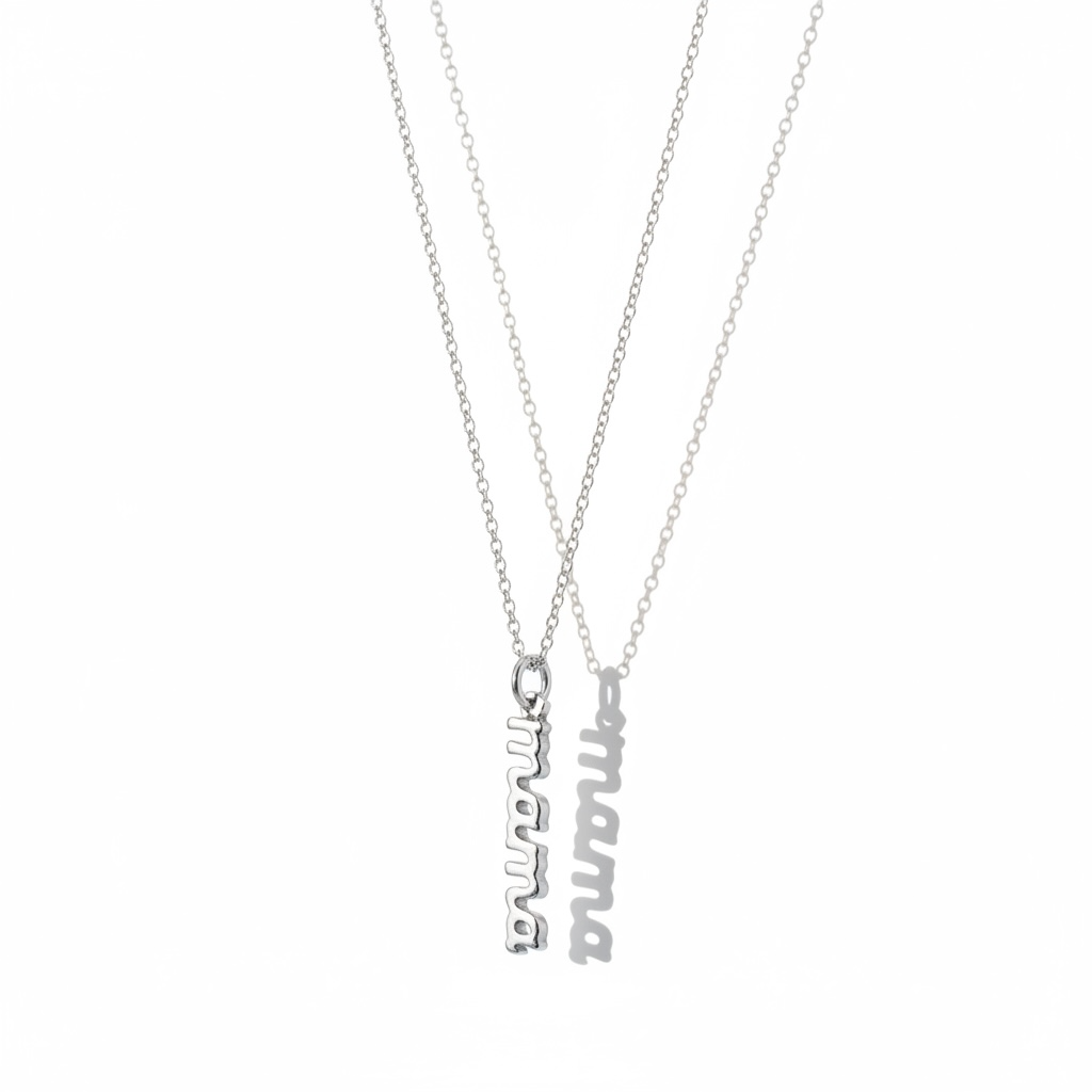 Minimalist silver handmade necklace with vertical script pendant on a delicate chain