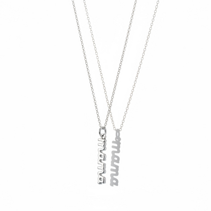 Minimalist silver handmade necklace with vertical script pendant on a delicate chain