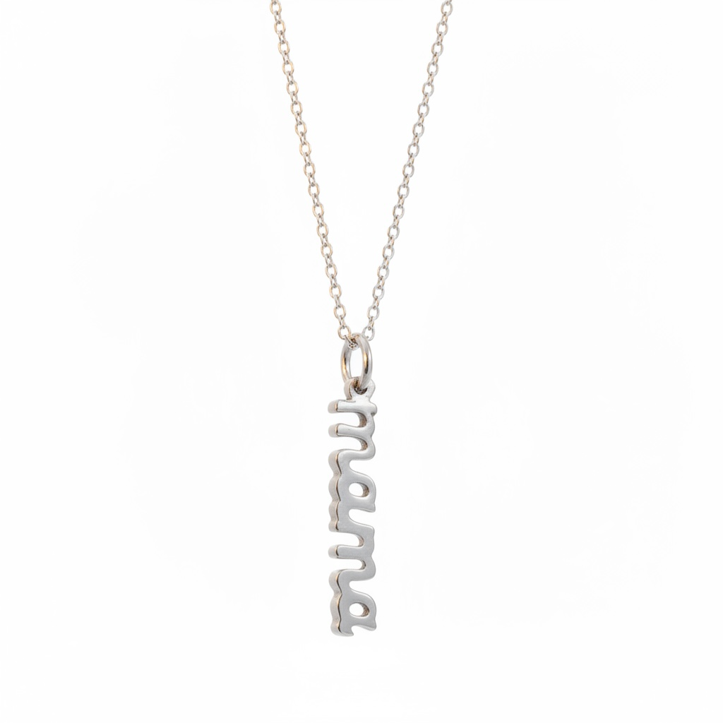 Silver handmade necklace with vertical mama script pendant on white background