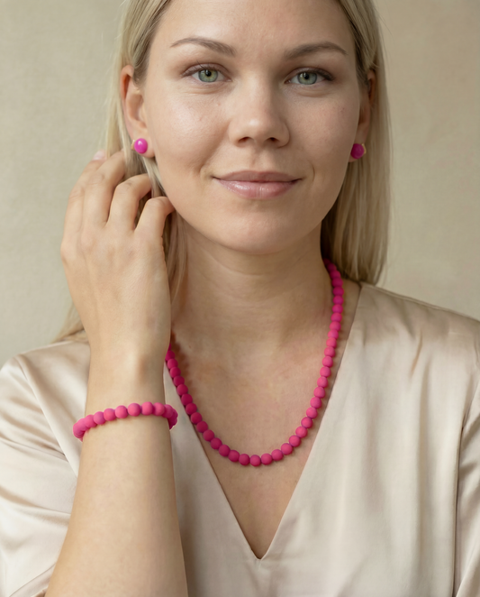 Bright Pink Beaded Jewelry Set - Polymer Clay Necklace, Bracelet & Earrings