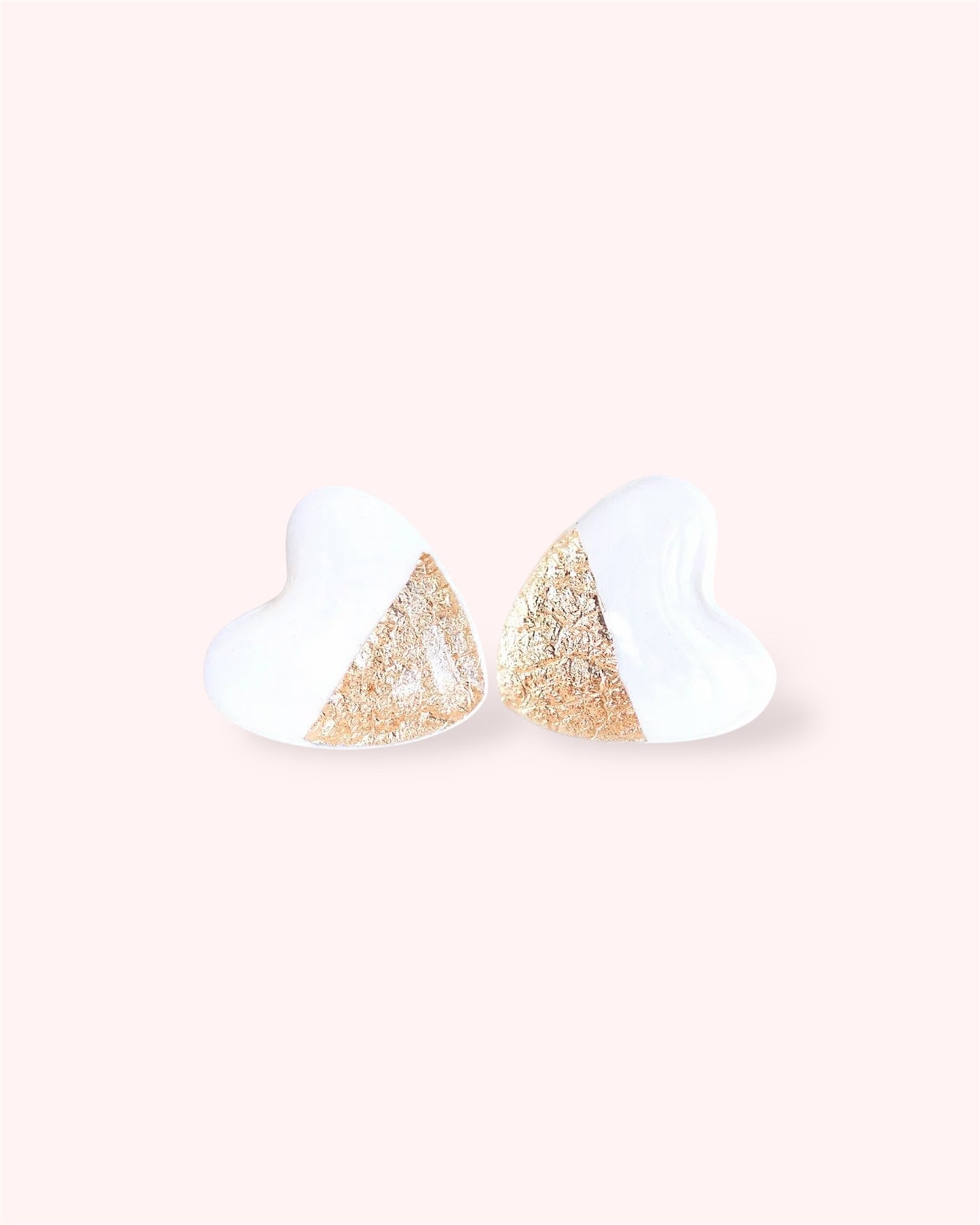 White heart stud earrings with gold foil