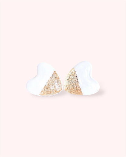 White heart stud earrings with gold foil