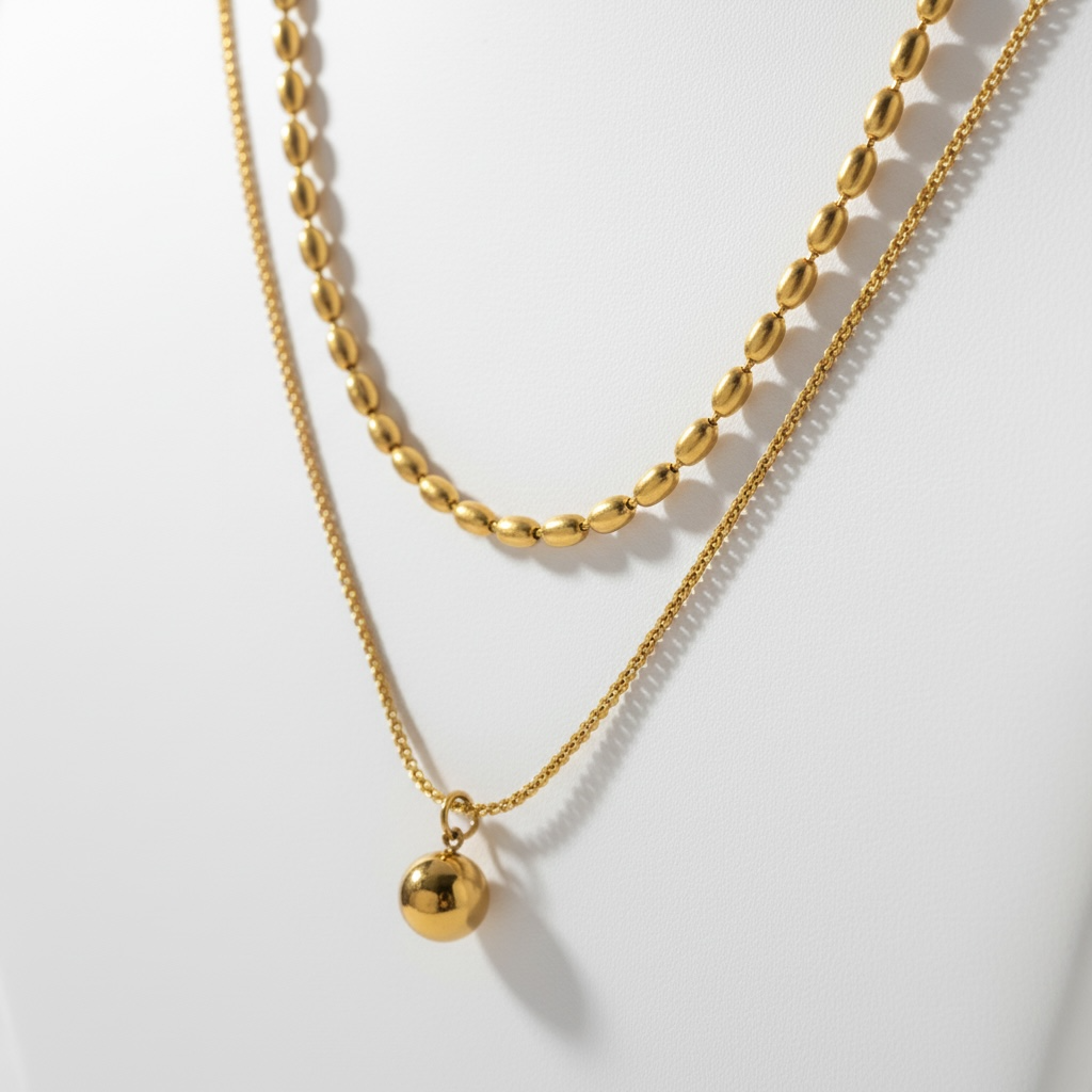 Elegant Layered Bead and Ball Pendant Necklace in Stainless Steel