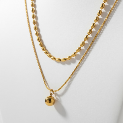 Elegant Layered Bead and Ball Pendant Necklace in Stainless Steel