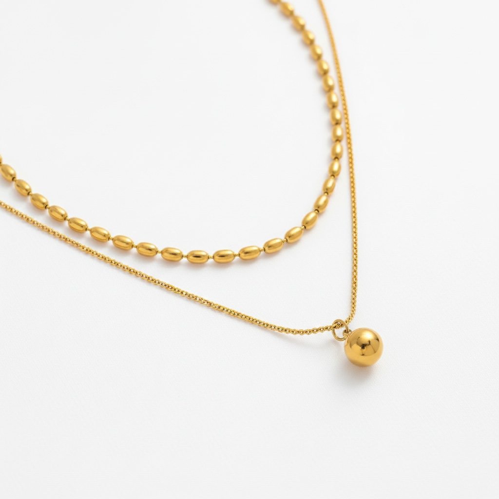 Elegant Layered Bead and Ball Pendant Necklace in Stainless Steel