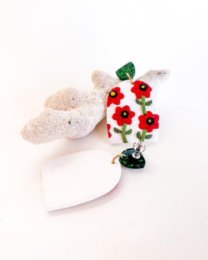 Cute red flower statement earrings - Stainless steel posts