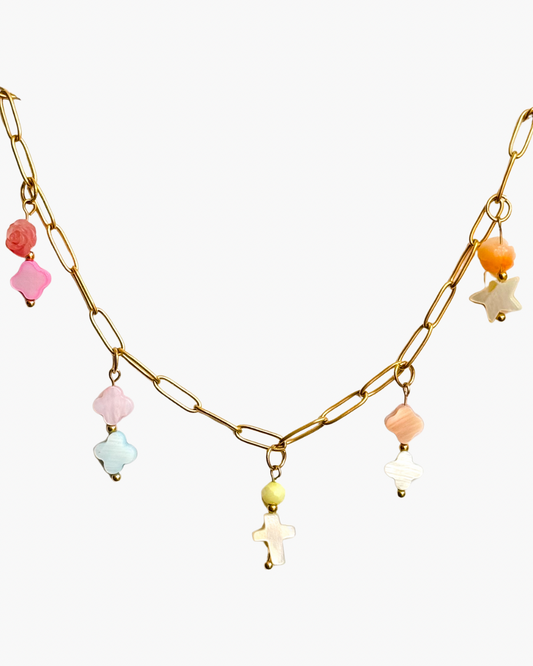 Gold Paperclip Necklace with 5 Shell Charms - Delicate Statement Jewelry