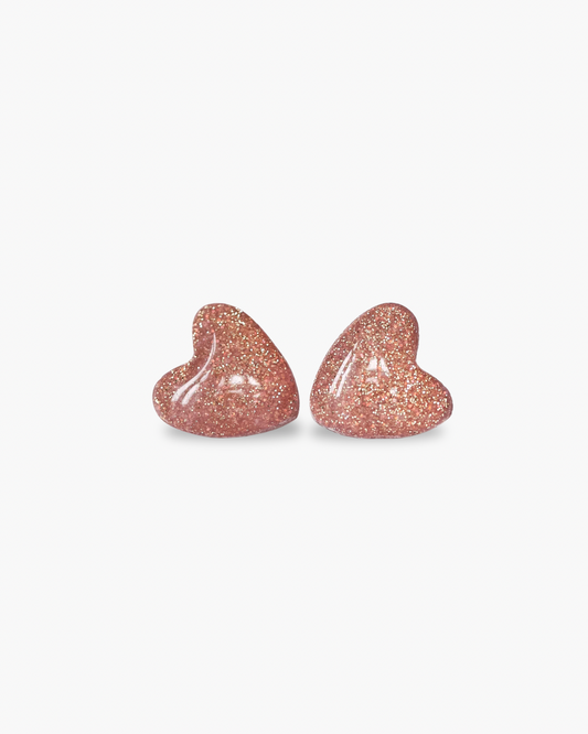 Rose glitter heart stud earrings with surgical hypoallergenic posts