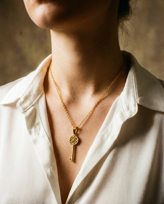 Woman wearing gold stainless steel key-shaped charm necklace with a white blouse