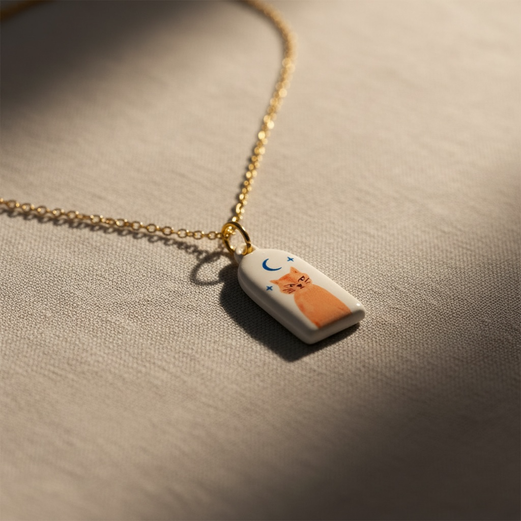 Necklace with a pendant featuring a cat design on a beige surface