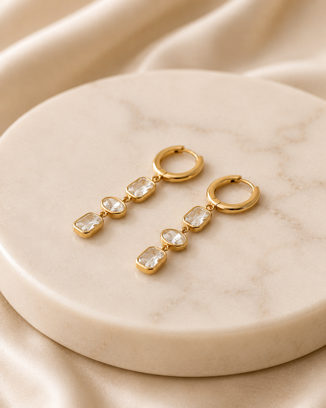 18K Gold Plated Stainless Steel Crystal Drop Earrings – Elegant Triple Stone Hoops