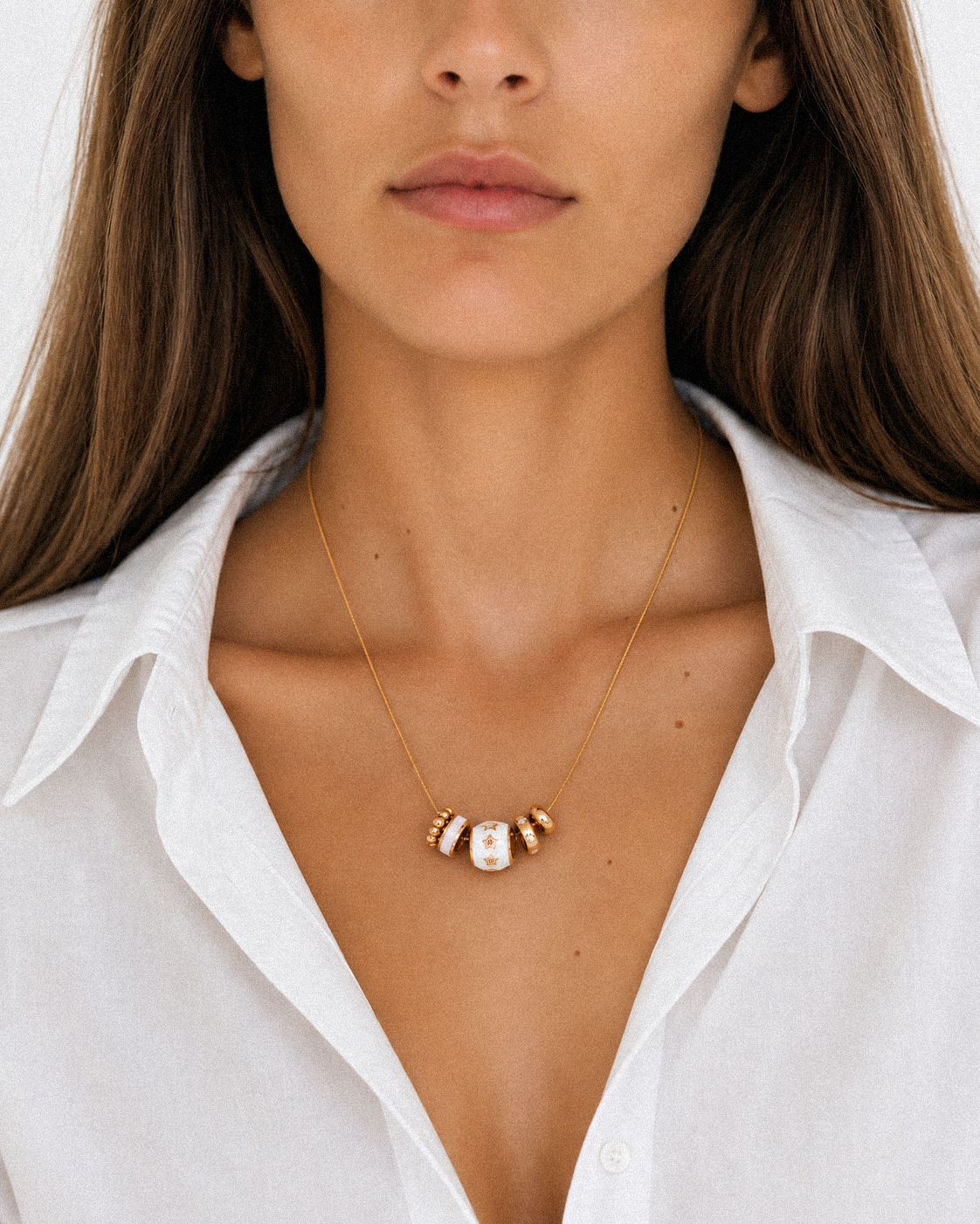 18K Gold Plated Stainless Steel Charm Necklace – White Enamel & Sparkling Beads