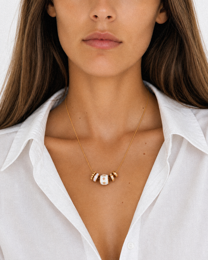 18K Gold Plated Stainless Steel Charm Necklace – White Enamel & Sparkling Beads