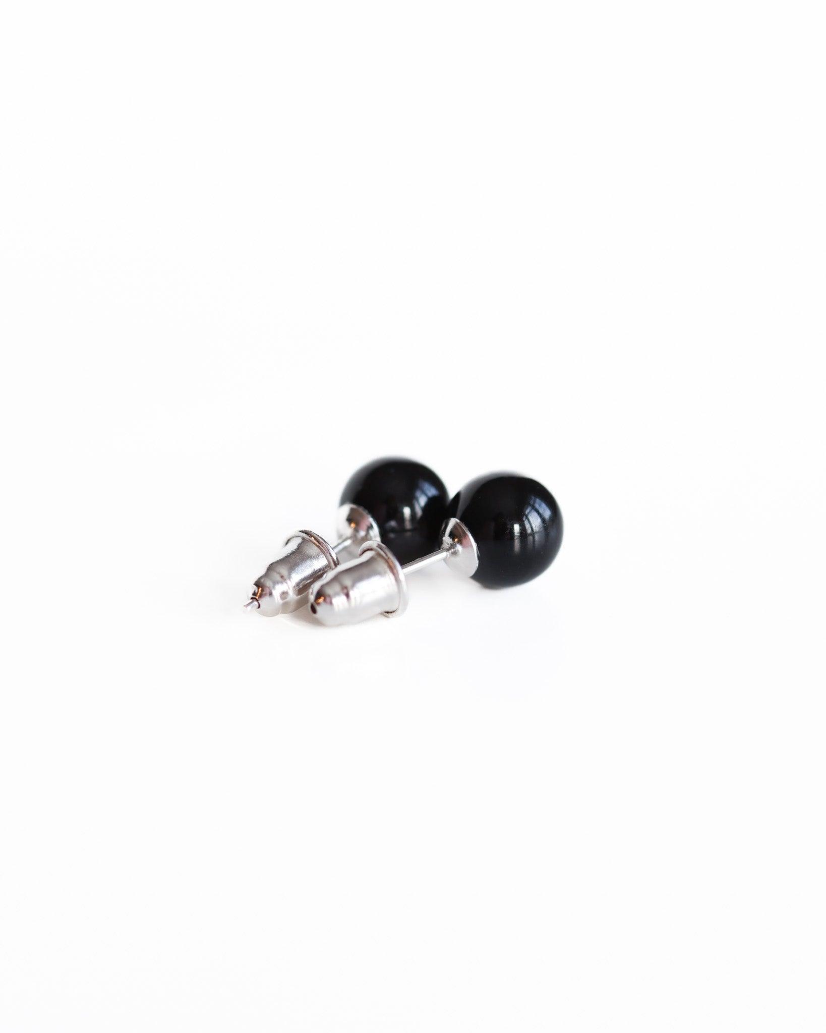 Black Agate Minimalist Stud Earrings, 925 Silver, Gift for Her or Him, Small Earrings for Sensitive Ears - Ollijewelry